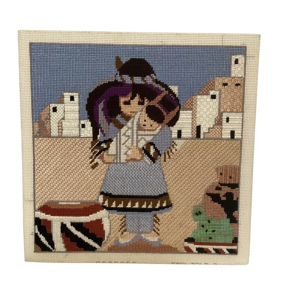 Vintage Southwest Needlepoint Art Mother Child Pueblo Adobe Scene 11.25x11.25